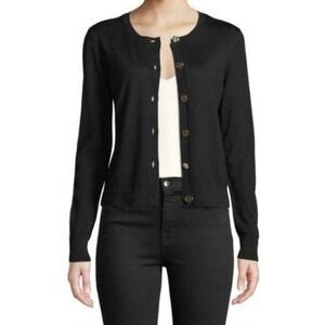 Tory Burch Black 100% Merino Wool Cardigan Sweater Gold Logo Buttons Size L